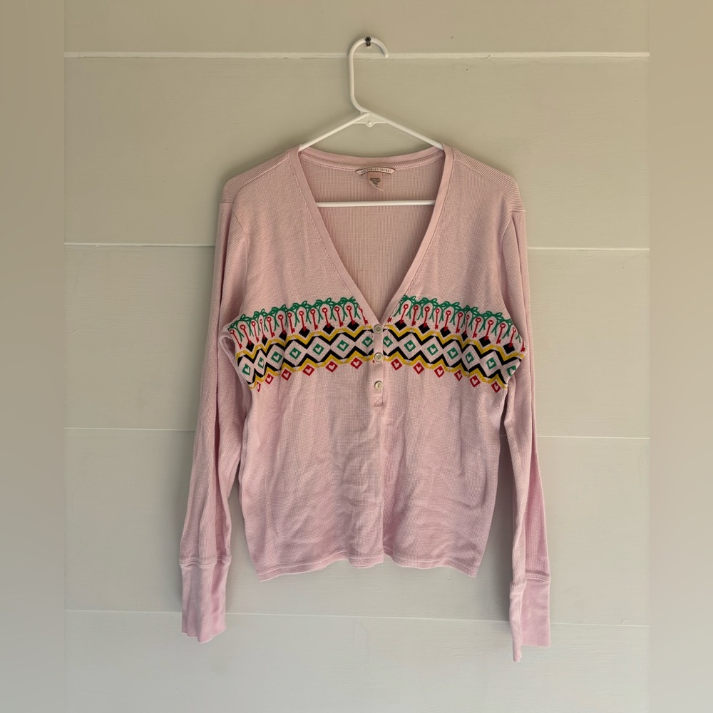 Victoria Secret Large Pink Thermal Waffle Knit Ribbed Henley Top Heart Keys Long